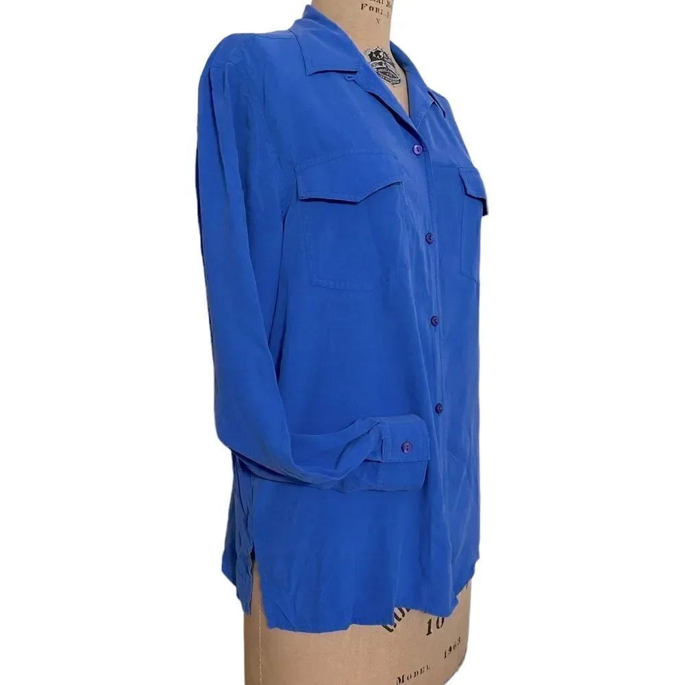 Vintage Notations Blue Silk long sleeve button down shirt size Large